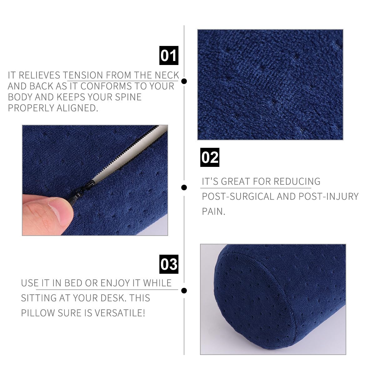 KICHOUSE Almohada Cervical Redonda de Espuma Viscoelástica Azul Oscuro Cojín Multifuncional de Apoyo para Cuello y Zona Lumbar Almohada Ergonómica para Descanso y Alivio Postural