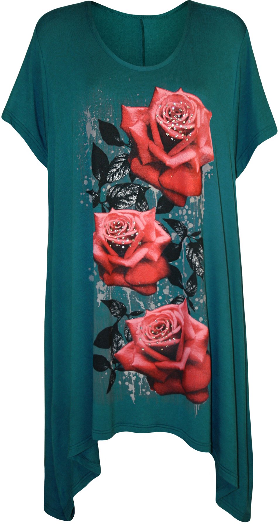 Wearall Women's Teal Plus Size Glitter Rose Print Hanky Hem Short Sleeve Long Top 22/24