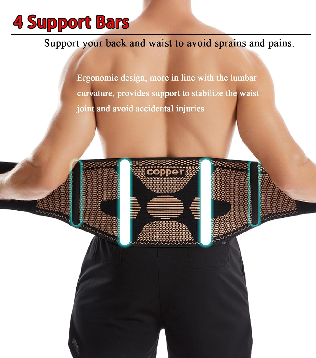 Breathable Lower Back Brace with 4 Stays, Plus Size Lumbar Support Belt for Back Pain Relief with Removable Compression Straps, Back Braces for Herniated Disc, Sciatica,Heavy Lifting