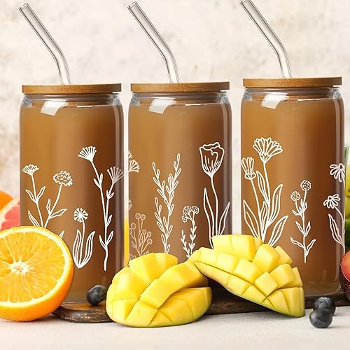 Miniatura 7 de Zubebe 8 vasos de cerveza con diseño de flores silvestres con tapas y vasos florales de pajita, taza de café helado bohemia, lindo vaso de café