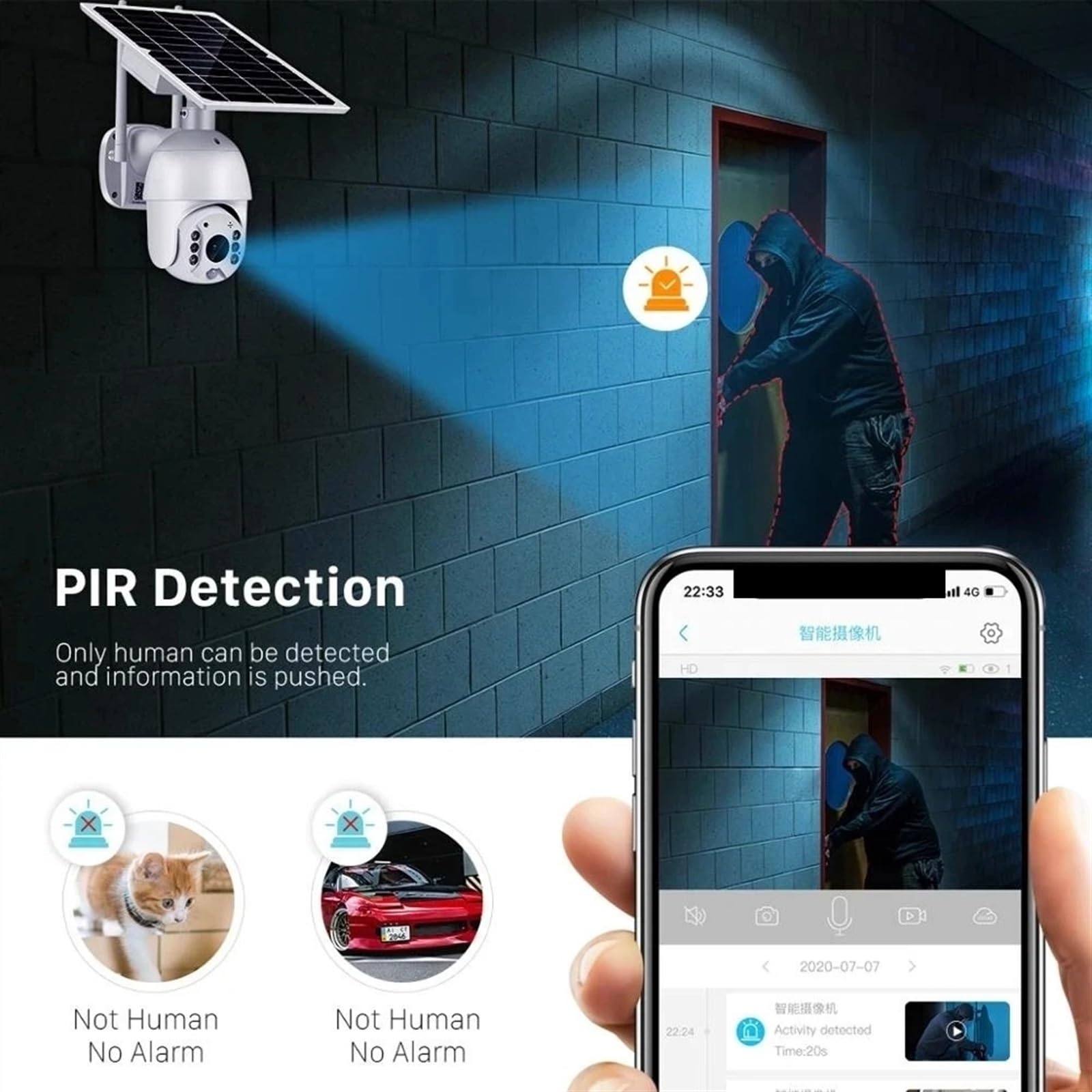 Caméra de sécurité, 4G Solaire PTZ boîtier métallique 8W Panneau extérieur étanche Couleur Vision Nocturne Alarme PIR Audio bidirectionnel caméra(WiFi Camera Only)