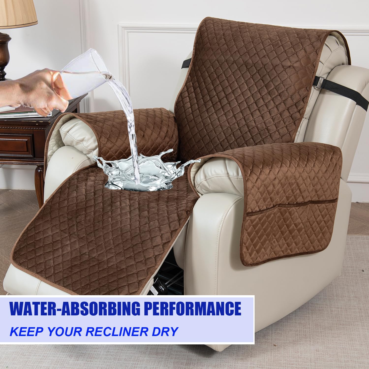 luckyjoyreal 100% Water-Absorb Recliner Chair Cover with Leg Straps, Velvet Quilted Recliner Chair Cover with Pocket for Storage,Anti-Slip Recliner Chair Cover for Pets Dogs 23
