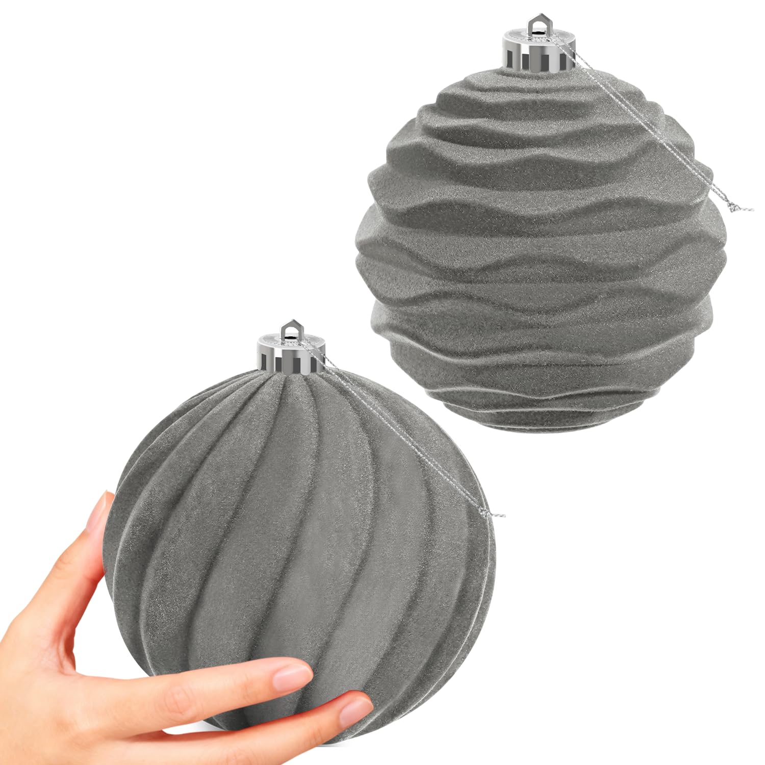 Miaikoe 2 PCS Large Velvet Christmas Balls Ornaments Shatterproof Hanging Set Flocked for Xmas Tree Holiday Party Decorations (Grey,15 CM)
