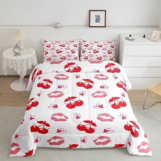 Feelyou Kids Red Cherry Comforter Twin Size, Dreamy Princess Comforter Set Boys Girls Cute Fruit Bedding Set Love Heart Teens Duvet Set Bedroom Decor 2Pcs