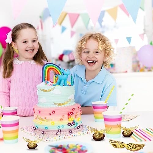 Miniatura 4 de 50 piezas de decoración de chocolate para fiesta de mago, alas doradas de Snitch decoración de chocolate, alas de snitch con 50 puntos de pegamento,