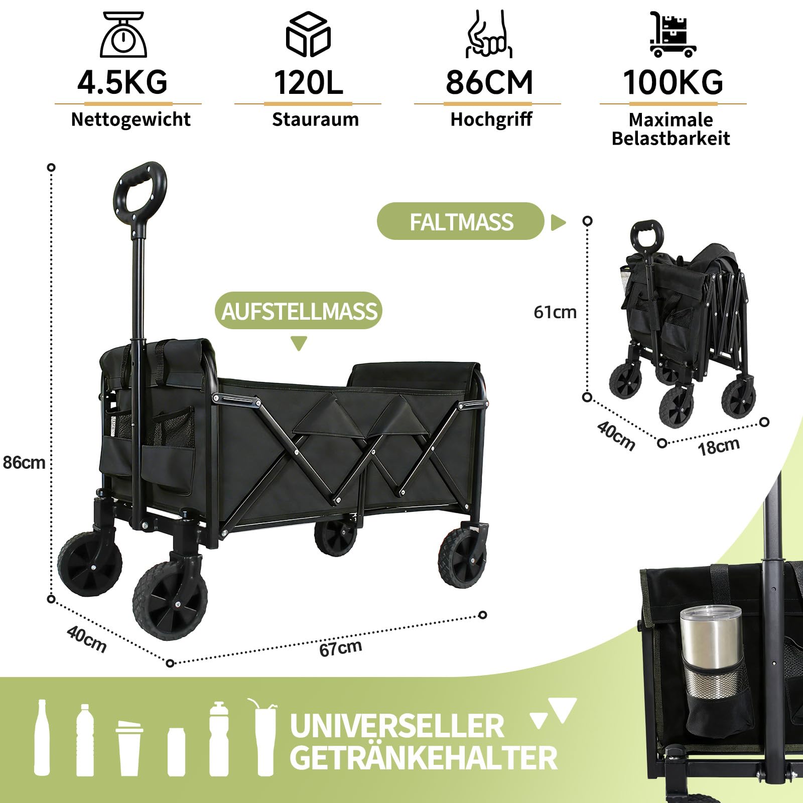 Bollerwagen faltbar,Tragfähigkeit 210 kg, Multifunktionaler Faltwagen mit geländegängigen Rädern, tragbar für Camping, Garten, Einkaufen und Strand (Schwarz, 120L 100 kg Tragfähigkeit)