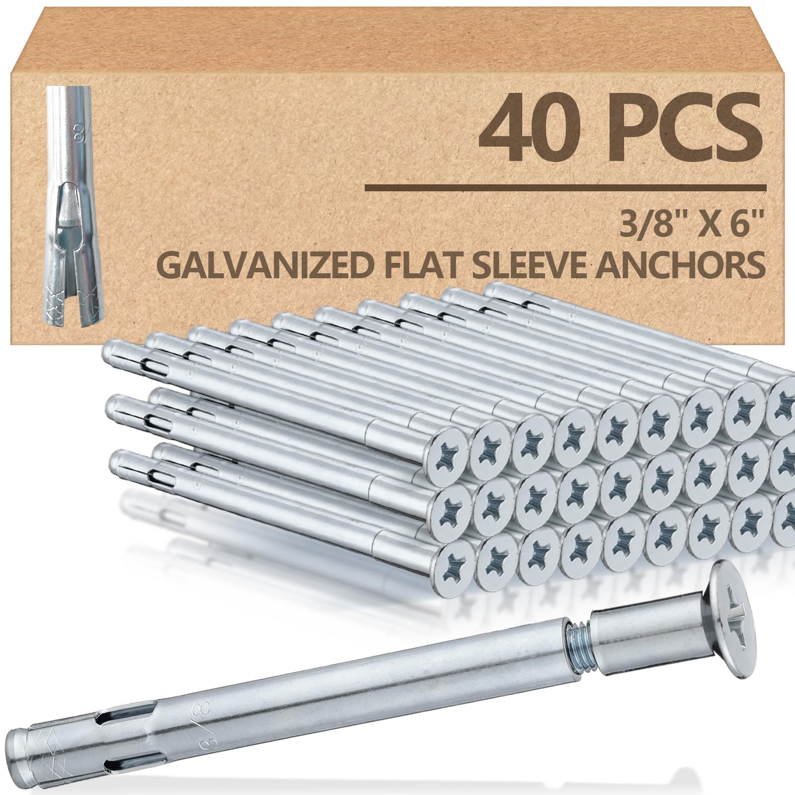 Tandefio 40 Pcs 3/8" x 6" Flat Sleeve Anchors for Concrete Zinc Plated Expansion Anchors Flush Mount Bolt for Masonry, Brick, Concrete Heavy Duty