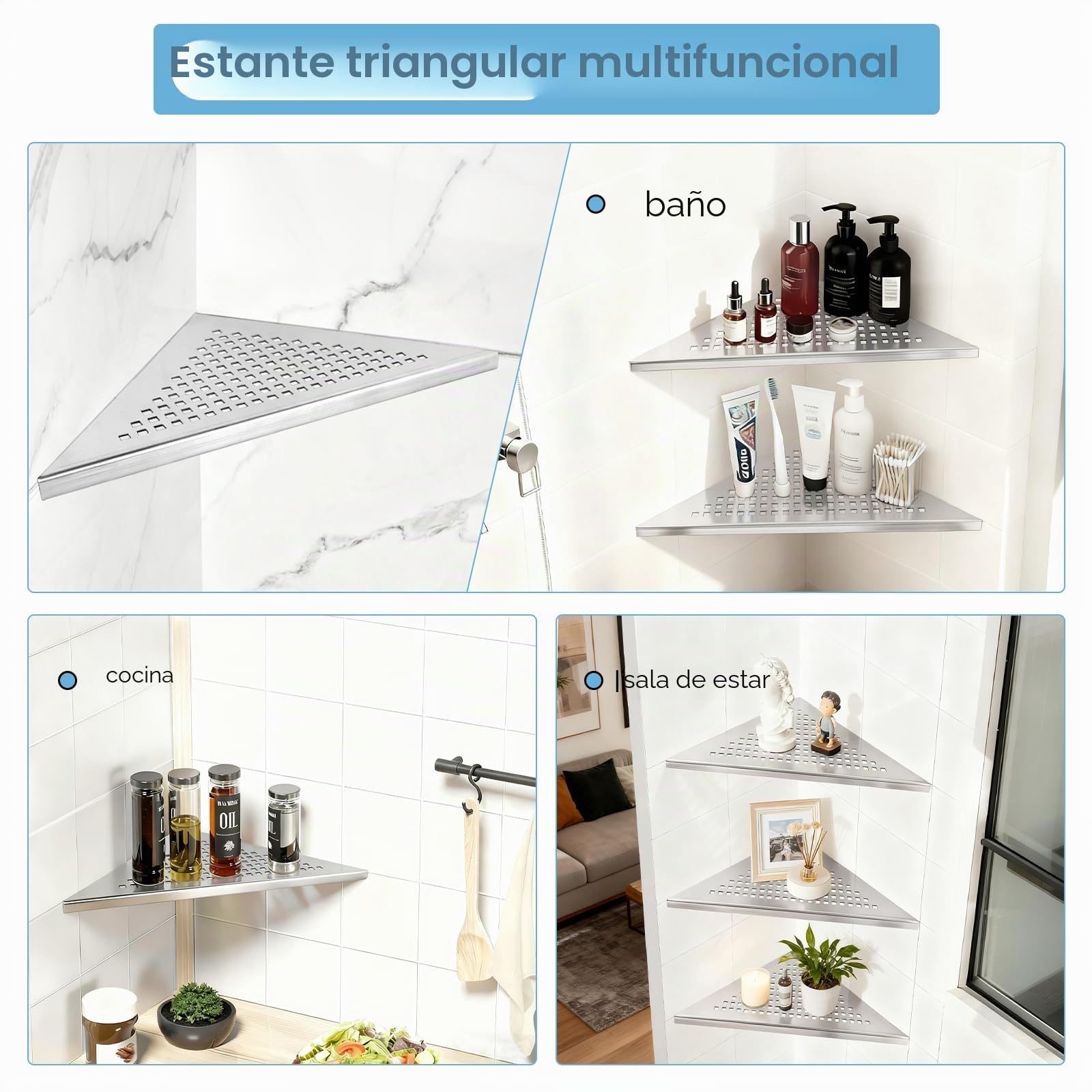3 Piezas Estante de Esquina para Ducha de Acero Inoxidable 304 Estante de Esquina de baño sin taladrar, Repisa de Ducha con diseño de Rejilla (Acabado Cepillado Integrado, 254 mm x 254 mm)