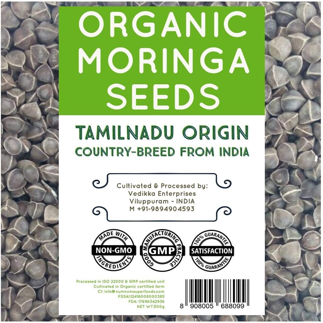 NumNum Superfoods® 500 GMS (1.1 Lb) Organic Moringa Seeds Original Tamilnadu Country Breed High Therapeutic Values - Moringa Oleifera Seeds - Dried Drumstick Kernels - Wingless Moringa Tree Seeds
