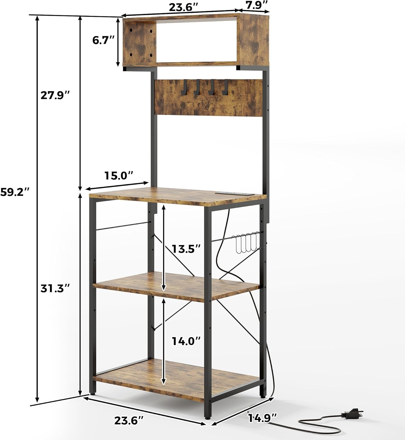 GAOMON Kitchen Bakers Rack with Power Outlet, Coffee Bar Table 4 Tiers, Kitchen Microwave Stand with 10 s-Shaped Hooks, Storage Shelf Rack for Spices, Pots and Pans - Rustic Brown