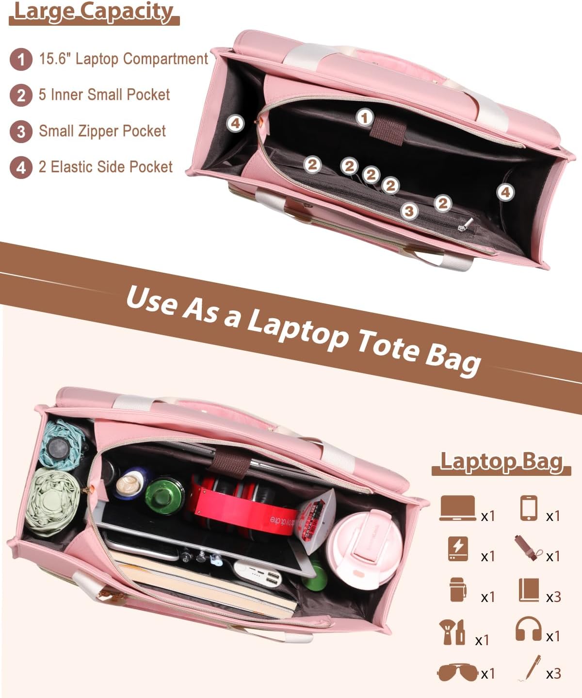 Lunch Tote Bag for Women - 15.6 Inch Laptop Work Bag with Insulated Lunch Compartment - Large Capacity Quilted Computer Handbag - Leakproof Lunch Box for Women Adults