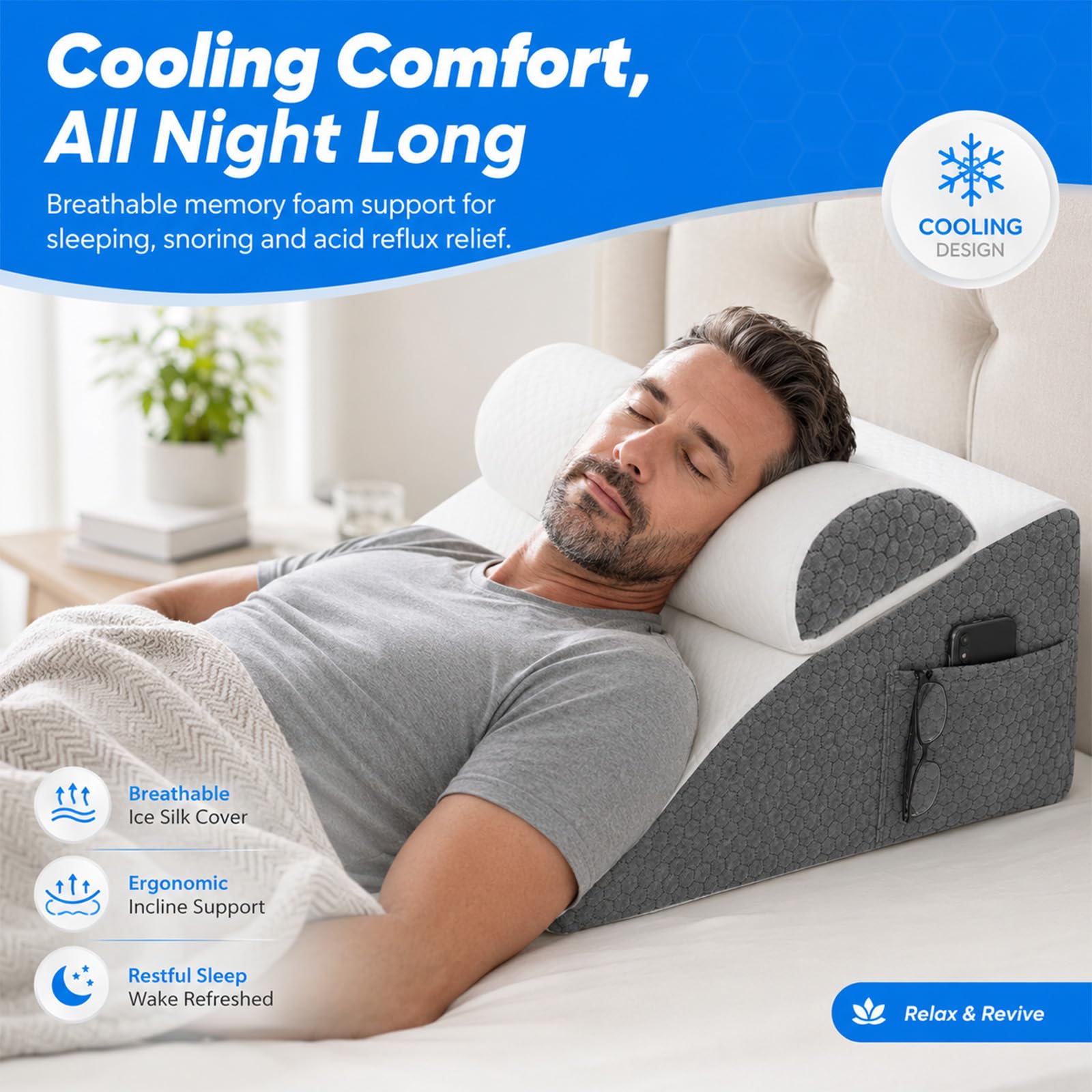 Oreiller de lit en Forme de Coin en Mousse à mémoire de Forme | Coussin triangulaire d'inclinaison avec housse lavable - Coussin de soutien pour les jambes pour le cou, le dos, le sommeil
