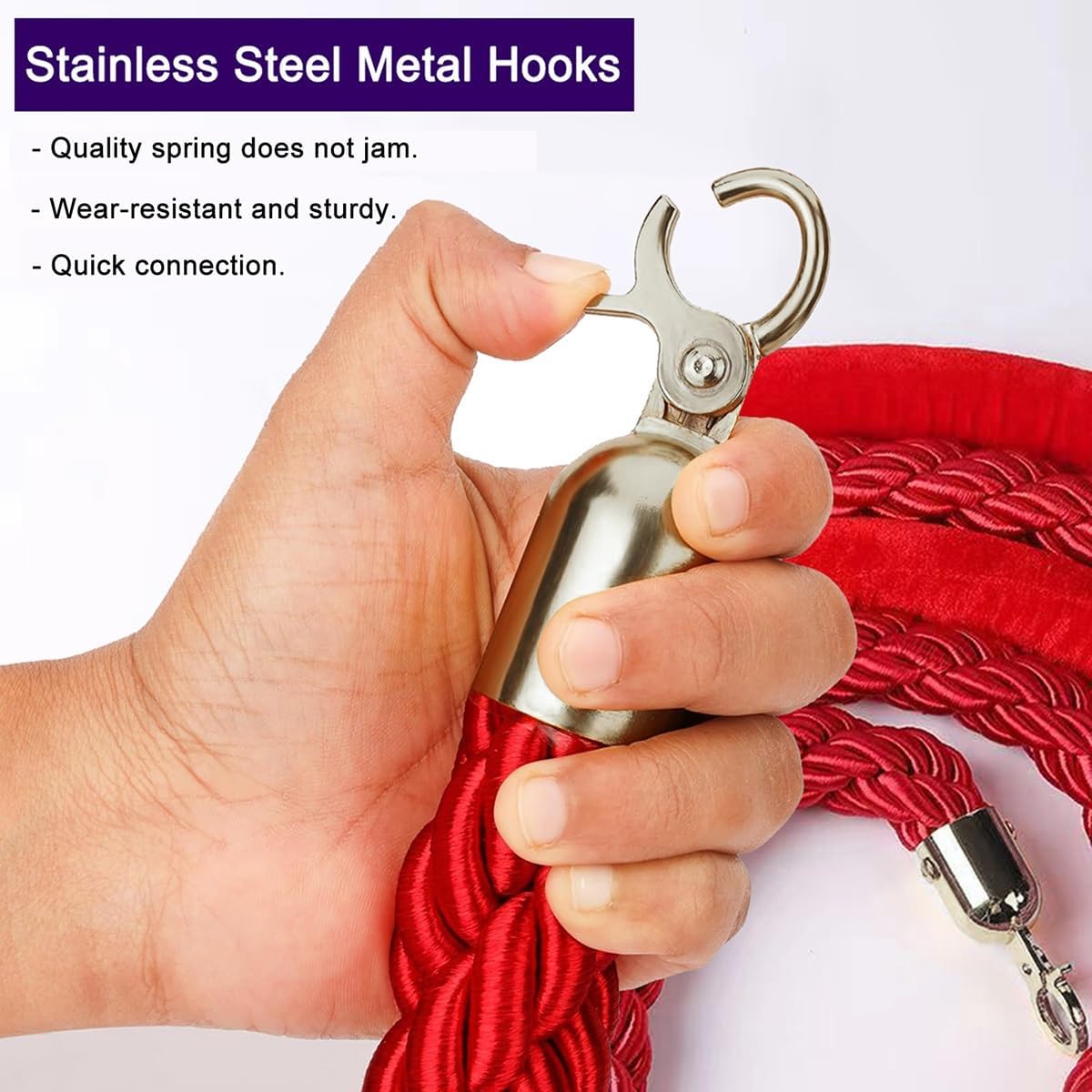 Crowd Control Stanchion Ropes with Silver Hooks Twisted Rope for Queue Management 3/4/5/8/12 Feet Braided Hemp Barrier Rope for Event & Line Management