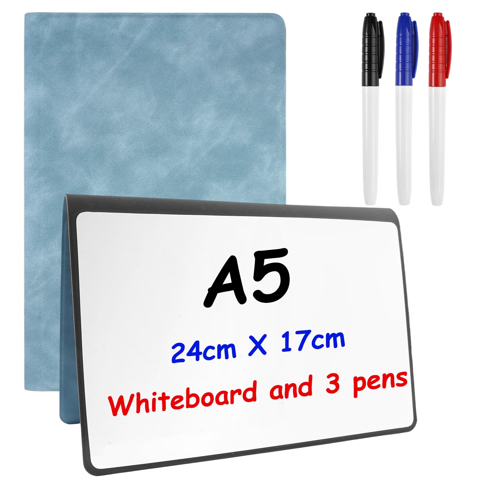 Pizarra Blanca de Escritorio, 24 X 17cm Pizarra Rotulador Borrable con 3 Colores Incluye, Cubierta de PU, Pizarra Blanca A5 Portatil de Doble Cara, Pizarra Pequeña Para Hogar, Oficina o Escuela