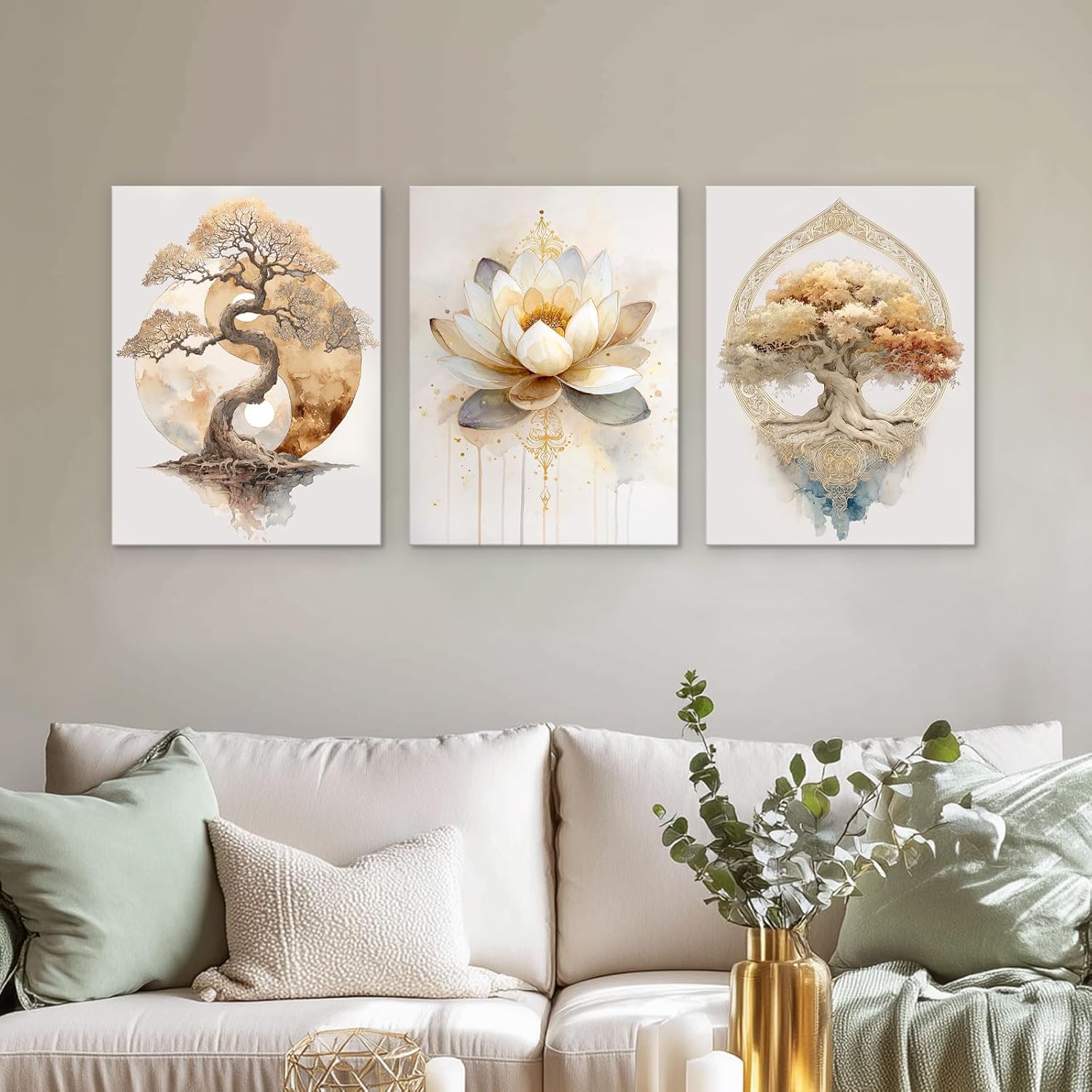 Tree of Life Zen Wall Art Abstract Lotus Framed Prints, Calming Yin Yang Canvas Spiritual Design for Living Room Yoga Meditation Space Bathroom, Set of 3, 16x24 Inch - Ready to Hang