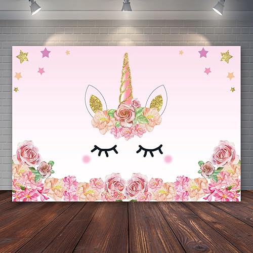 Laeacco Fondo de fotografía de unicornio de 6 x 4 pies, fondo de unicornio floral rosa, decoración de fiesta de cumpleaños de bebé, cabina de fotos,