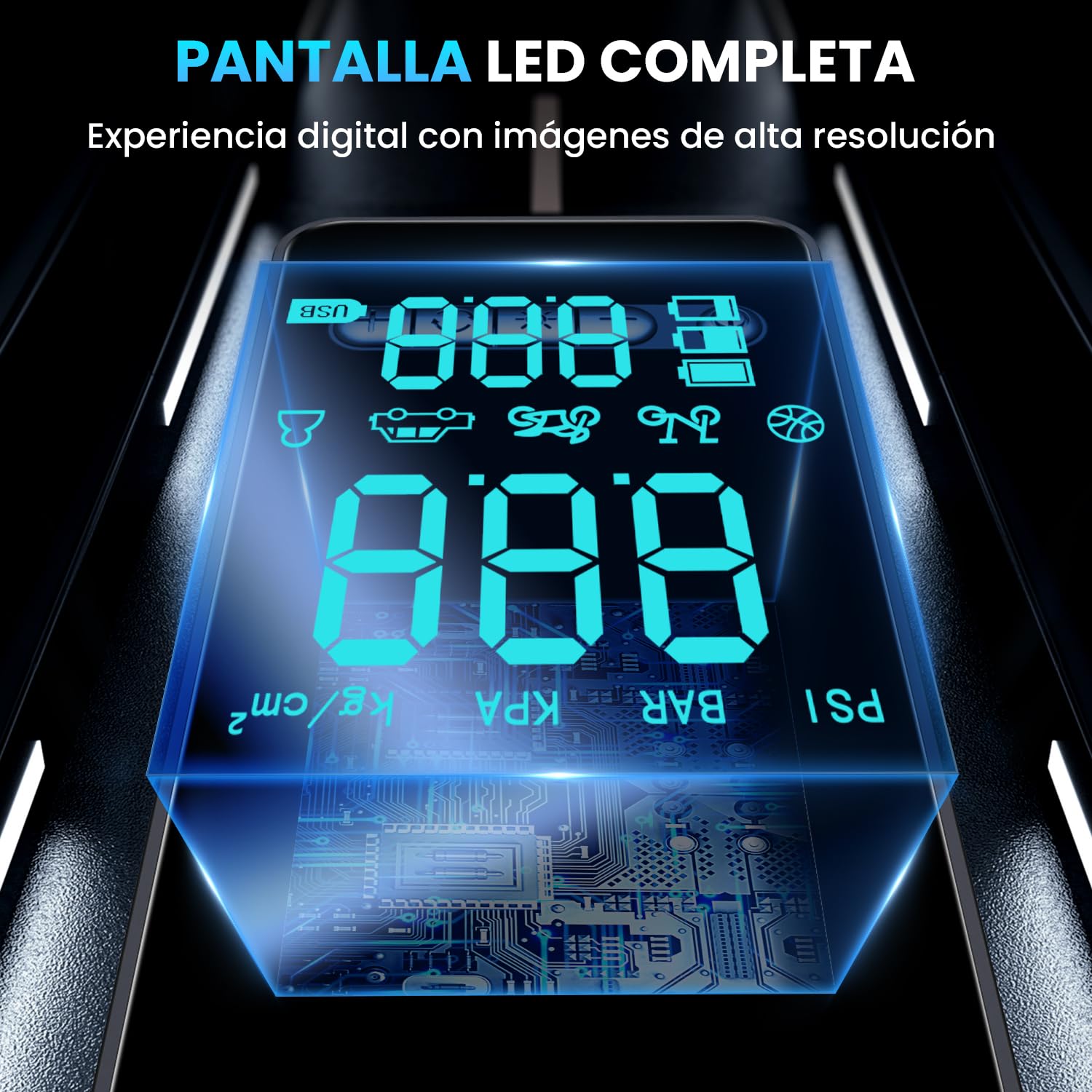 Inflador Ruedas Coche - Compresor Aire Portatil 150PSI con Linterna y Batería Recargable - para Coches, Motos, Bicicletas | Manómetro Digital | SOS Emergencia y Carga USB para Viajes Familiares — view 4