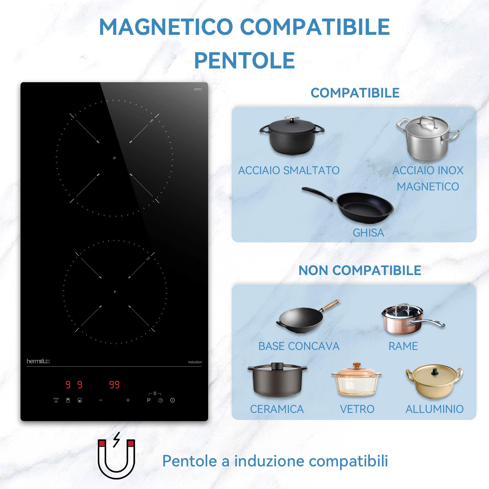Hermitlux Piano cottura a induzione Domino da incasso 2 zone, 30 cm 3500 W, Vetroceramica nera, 9 livelli + Boost, Touch control, Blocco bambini, Compatto facile da installare