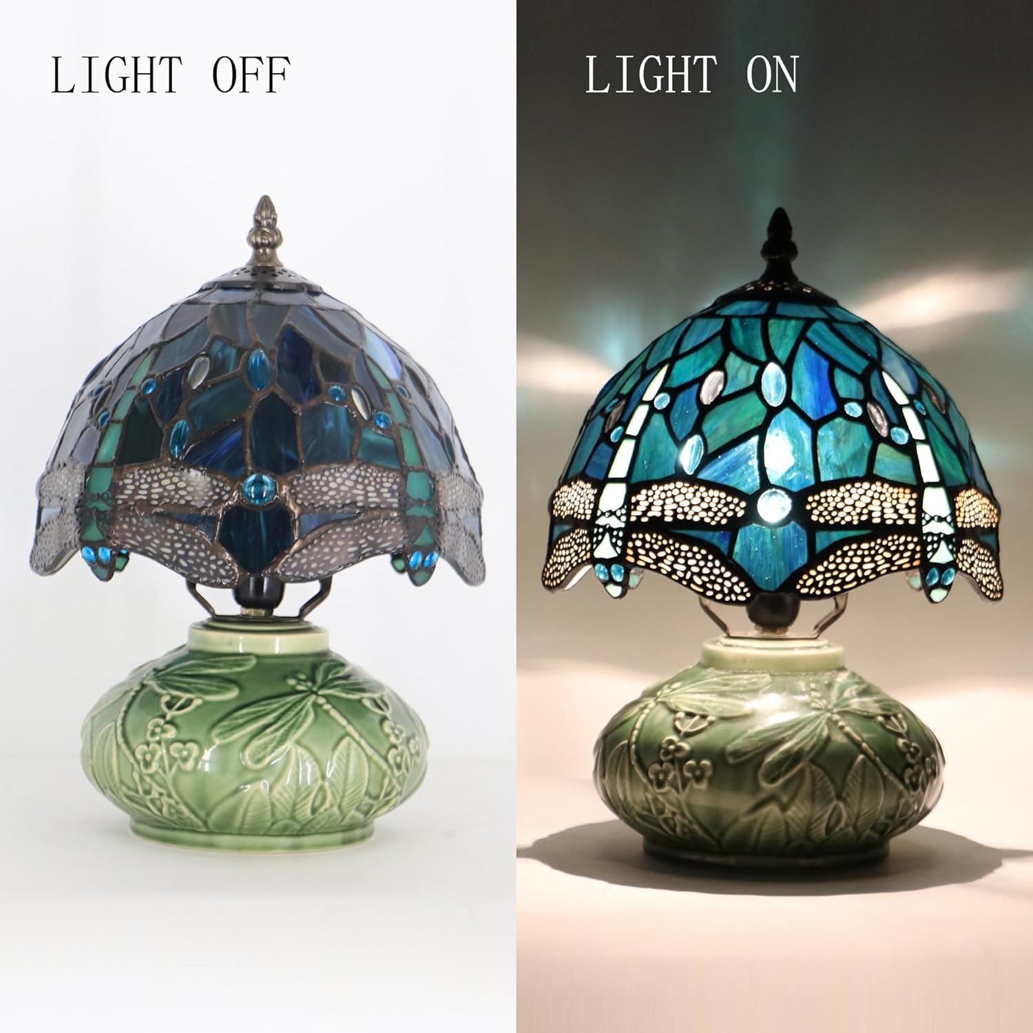 Small Stained Glas Lamp Mushroom Table Lamp, Mini Stained Glass Desk Light Memory Sympathy Ceramic lamp 8X11 Inch (Sea Blue Dragonfly Style)