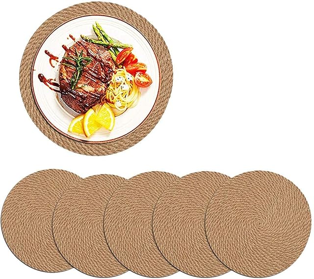 Pyatofyy Round Woven Placemats Set of 6, 7 Inch Jute Placemats Anti-Slip Heat Resistant Mat for Kitchen Dining Table