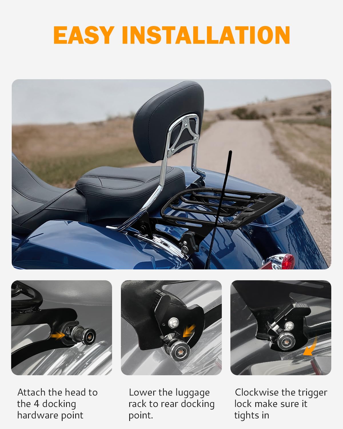 PBYMT Porte-bagages amovible noir brillant compatible avec Harley Touring Street Glide Road King Electra Glide 2009-2024 (noir vif)