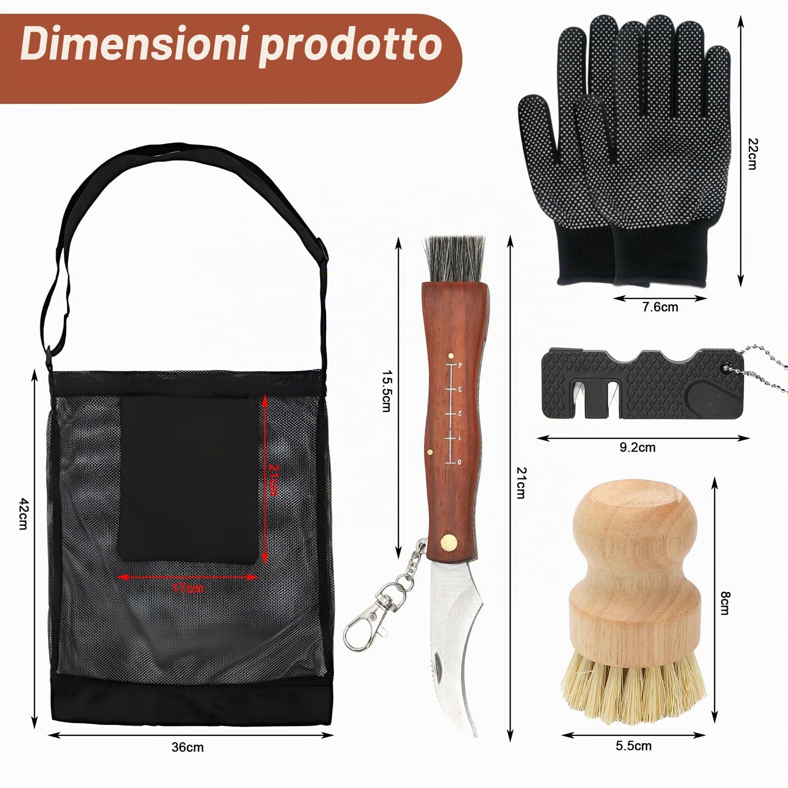 RANJIMA Coltello per Funghi, Coltello Funghi con Spazzola, Borsa da Caccia, Affilacoltelli, Pennello per Funghi, Coltello Pieghevole per Esterni con Manico in Legno, per la Raccolta dei Funghi