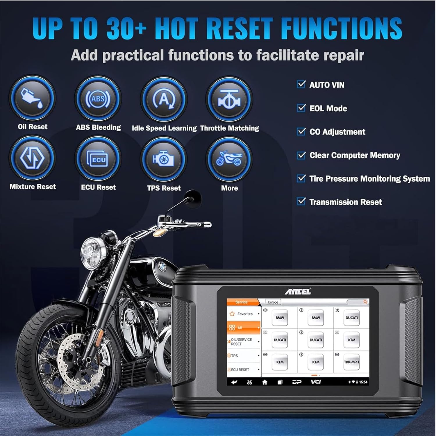 ANCEL MT500 Plus showing various hot reset functions