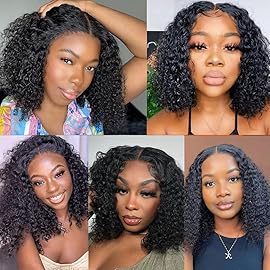 16 Inch Wear and Go Glueless Curly Bob Wig Human Hair Pre Plucked,Deep Wave No Glue wigs,Pre cut Transparent Lace Front Wigs Human Hair Natural Hairline for Women 200% Density Natural black