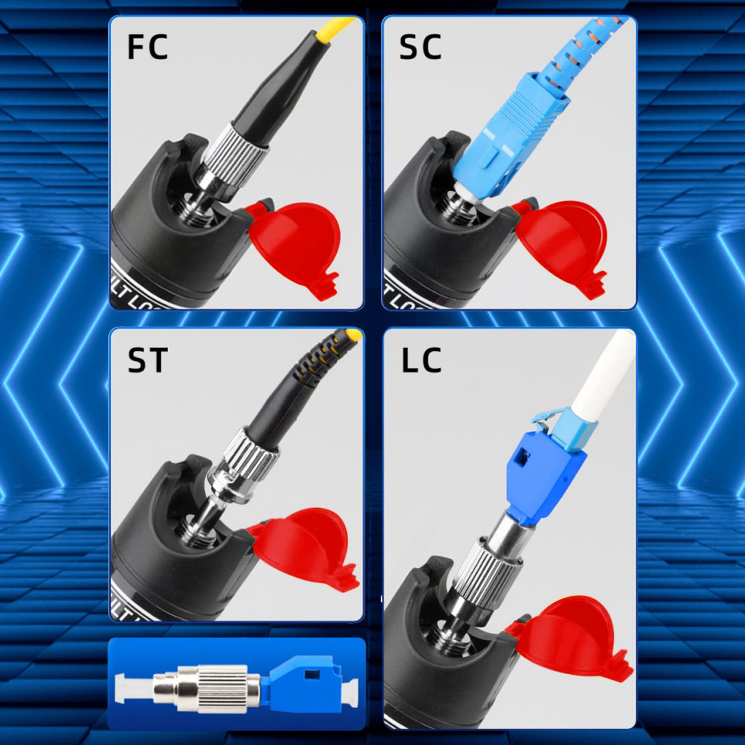 Fiber Optic Cable Troubleshoot Kit - 50Km VFL Fiber Optic Visual Fault Locator, SM FC - LC Adapter, LC/SC/ST/FC Coupler, 2 Cleaners, 3 Kind Dust Cap and 3 Short Patch Cords