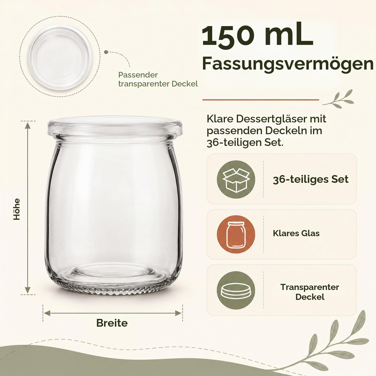 JMIATRY 36 Stück 150ml Joghurtgläser mit Deckel, Dessertgläser Glas mit Deckel, Joghurtbecher mit Deckel für Joghurt, Dessert, Pudding, Milch, Marmelade