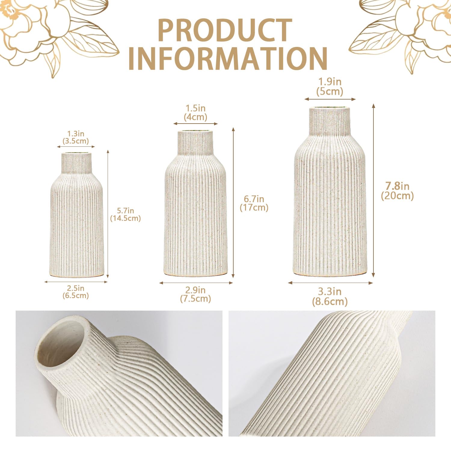 Czeski beżowy wazon ceramiczny – na trawę pampasową, gzyms, regał na książki, do przedpokoju i dekoracji salonu (beżowy, 3 sztuki)