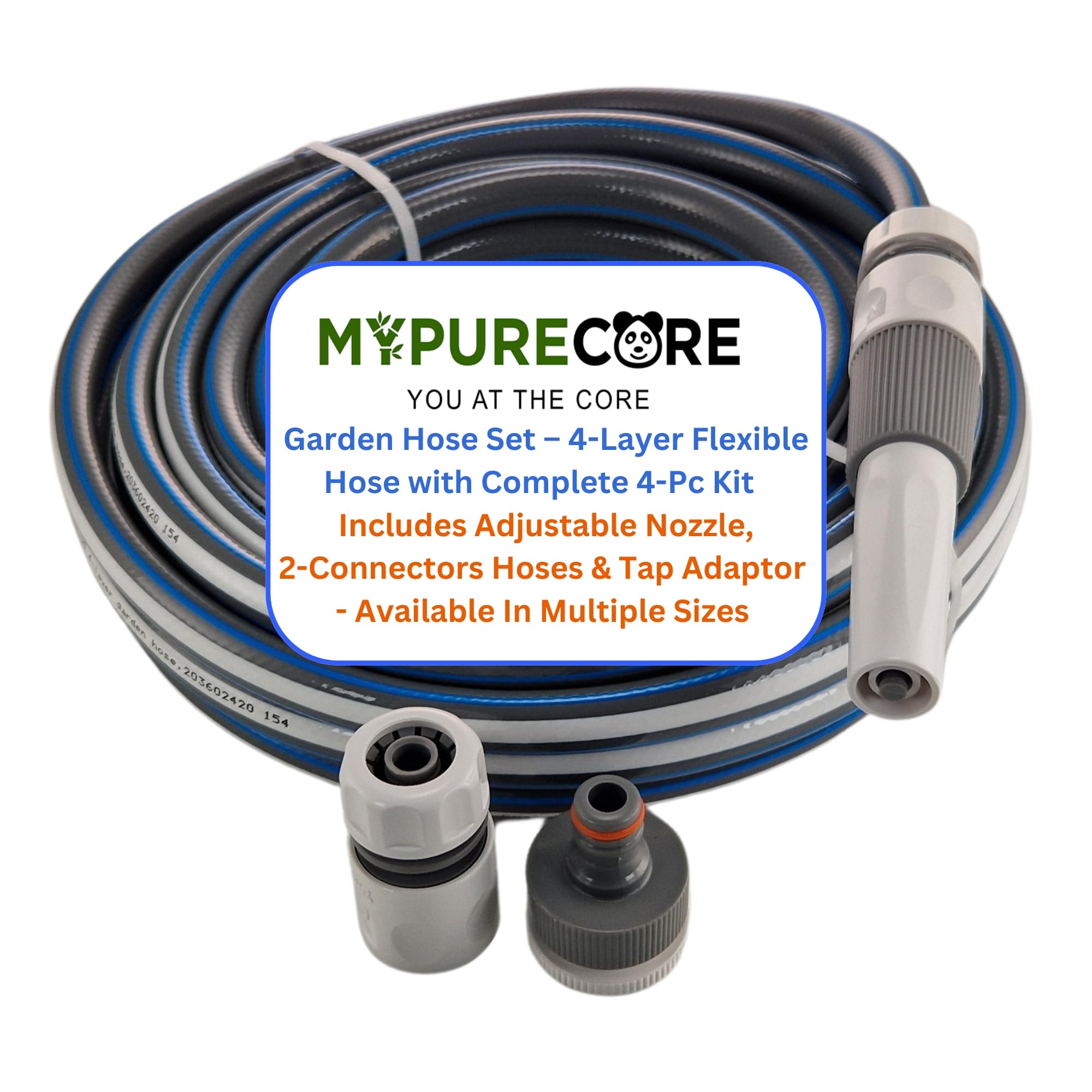 MYPURECORE Garden Hose Set – 4-Layer Flexible Hose with Complete 4-Pc Kit – Adjustable Nozzle, 2 Connectors for 1/2" & 5/8" Hoses, Female Thread Tap Adaptor – Kink-Resistant, UV-Protected (5m)