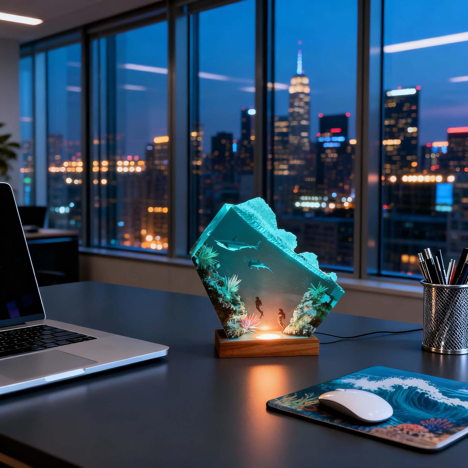 Drawelry Epoxy Resin Ocean Lamp,LED Night Light,Handmade Bedside Table Lamp,Resin Wood Bedside Ocean Light Lamp,Nightstand Decorations Suitable for Holidays (Shark and Diver 2)