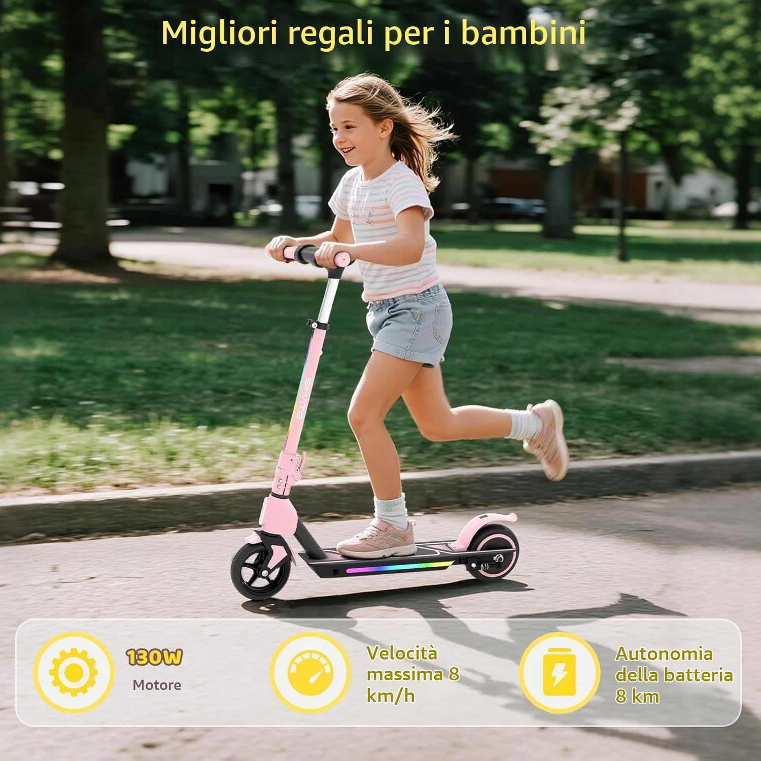 E-RIDES Monopattino Elettrico Bambini, Manubrio Regolabile 86-99cm, Motore 130W 3 Velocità 8-14 km/h, Autonomia fino a 8km, Display LED & Luci, Pneumatici 6,5" Pieni, per Bambini 3-12 Anni​ (Rosa)