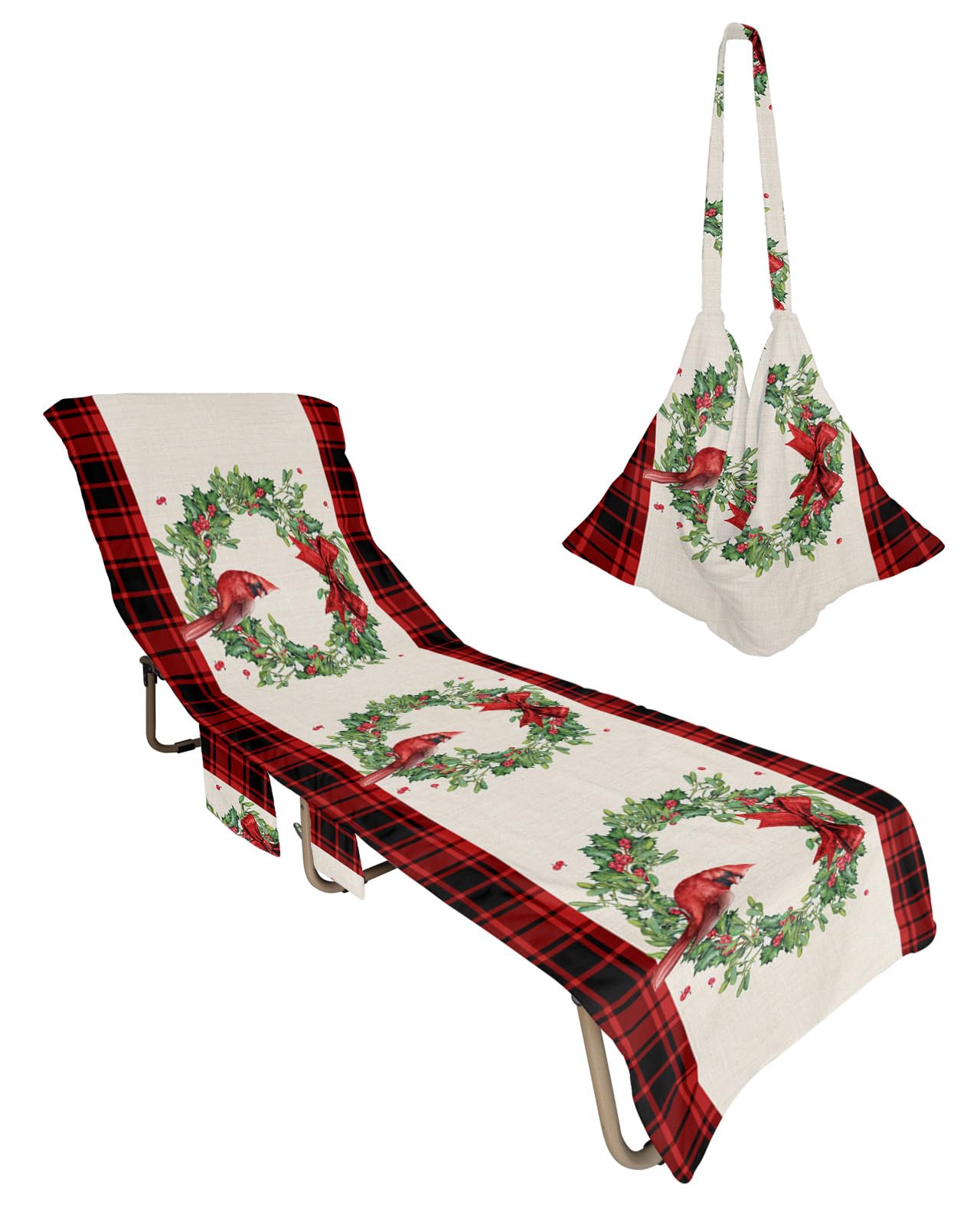 Christmas Beach Lounge Chair Towel Cover, Soft Chaise Lounge Towel with Side Pockets Patio Pool Chairs Cover for Beach/Pool Sunbathing 29x85 Red Black Plaid Xmas Berry Botanical Wreath Birds