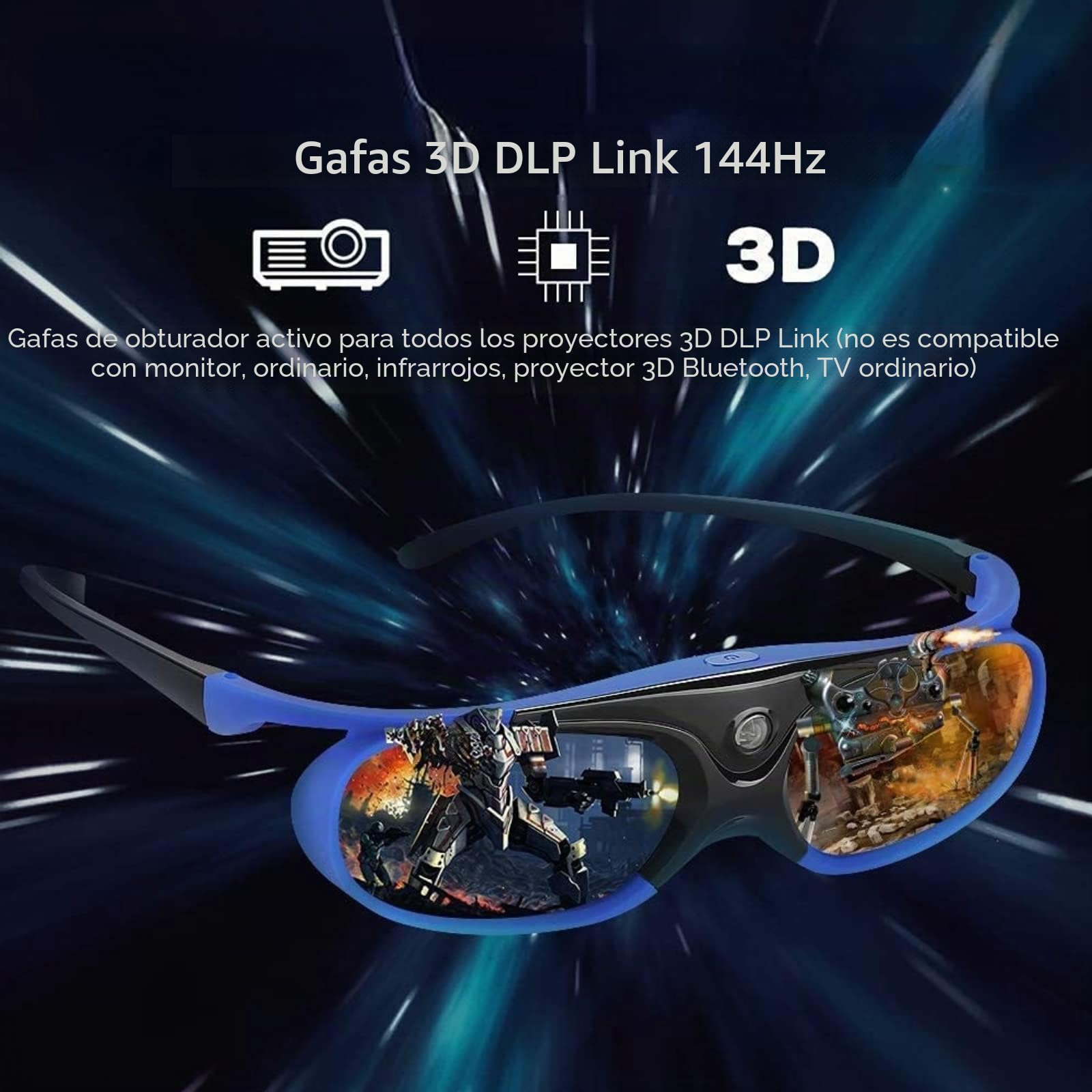 Gafas 3D DLP Link, Gafas de Obturador Activo Recargables de 144 Hz para Todos los Proyectores 3D DLP Link, para XGIMI ZX4 H1, para JMGo G1 G3 X1, para BenQ, para Acer, para Optoma, para Hitachi, Etc.