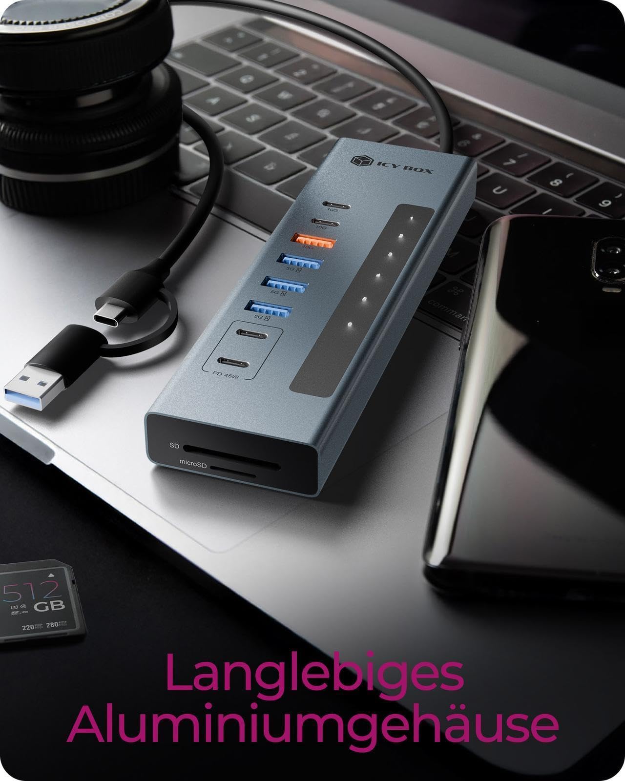 Icy Box (11 en 1) Hub USB-C con Lector de Tarjetas, 2 Puertos USB-C y 1 USB-A (10 Gbps), 3 Puertos USB-A (5 Gbps), 100 W PD, SD/microSD UHS-I, IB-HUB1742CR-C2PD
