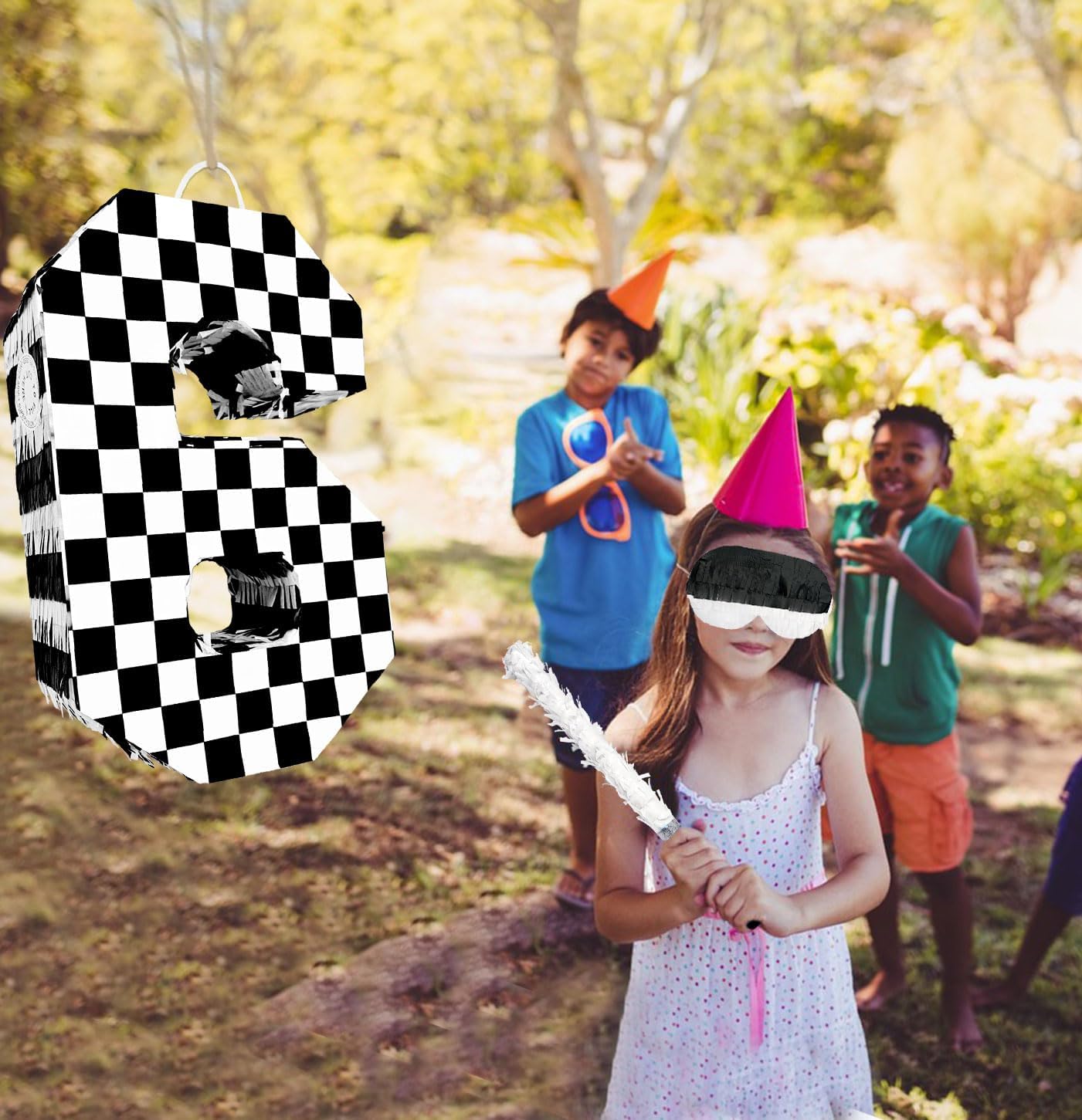 Checkered Number 6 Pinata with Stick and Blindfold Black and White Race Car Pinata for Kids ‌6th Birthday Anniversary Racing Car Party Supplies