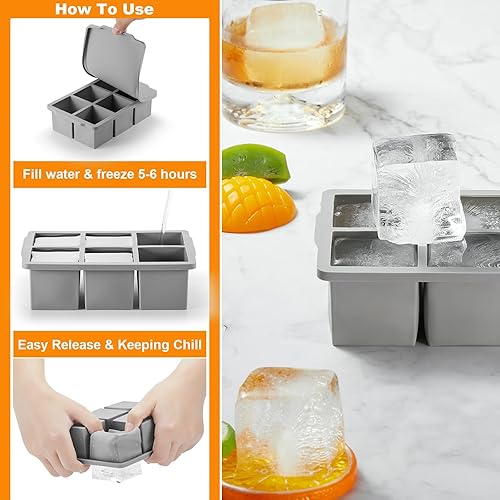 Miniatura 4 de Nax Caki Bandeja grande para cubitos de hielo con tapa, paquete de 2, molde cuadrado de silicona grande apilable para cubitos de hielo para whisky,