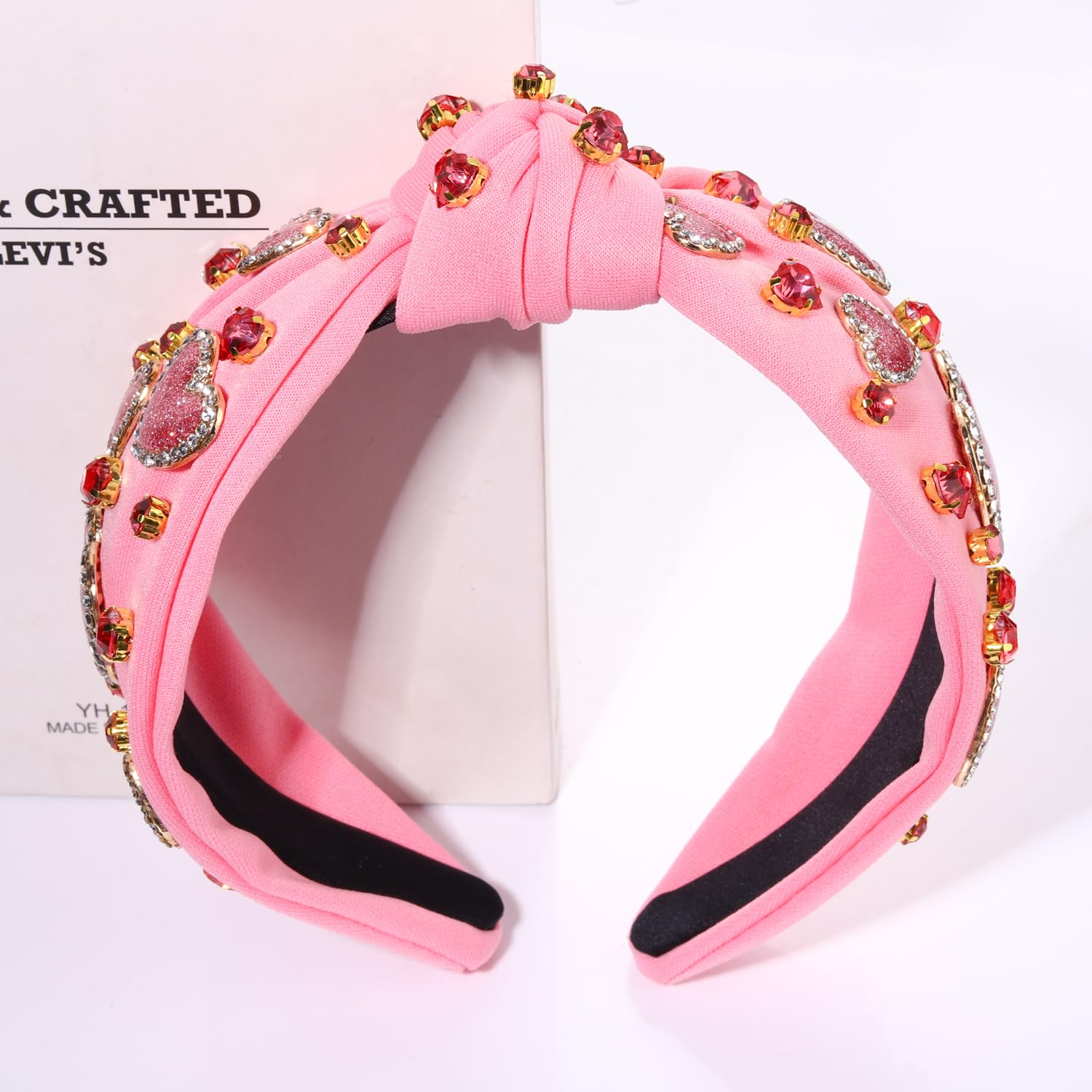 MOLOCH Valentine's Day Headband for Women Beaded Love Heart Knotted Headbands Jeweled Crystal Pink Top Knot Headband Galentine's Day Valentine's Day Hair Accessories Gifts - Image 2
