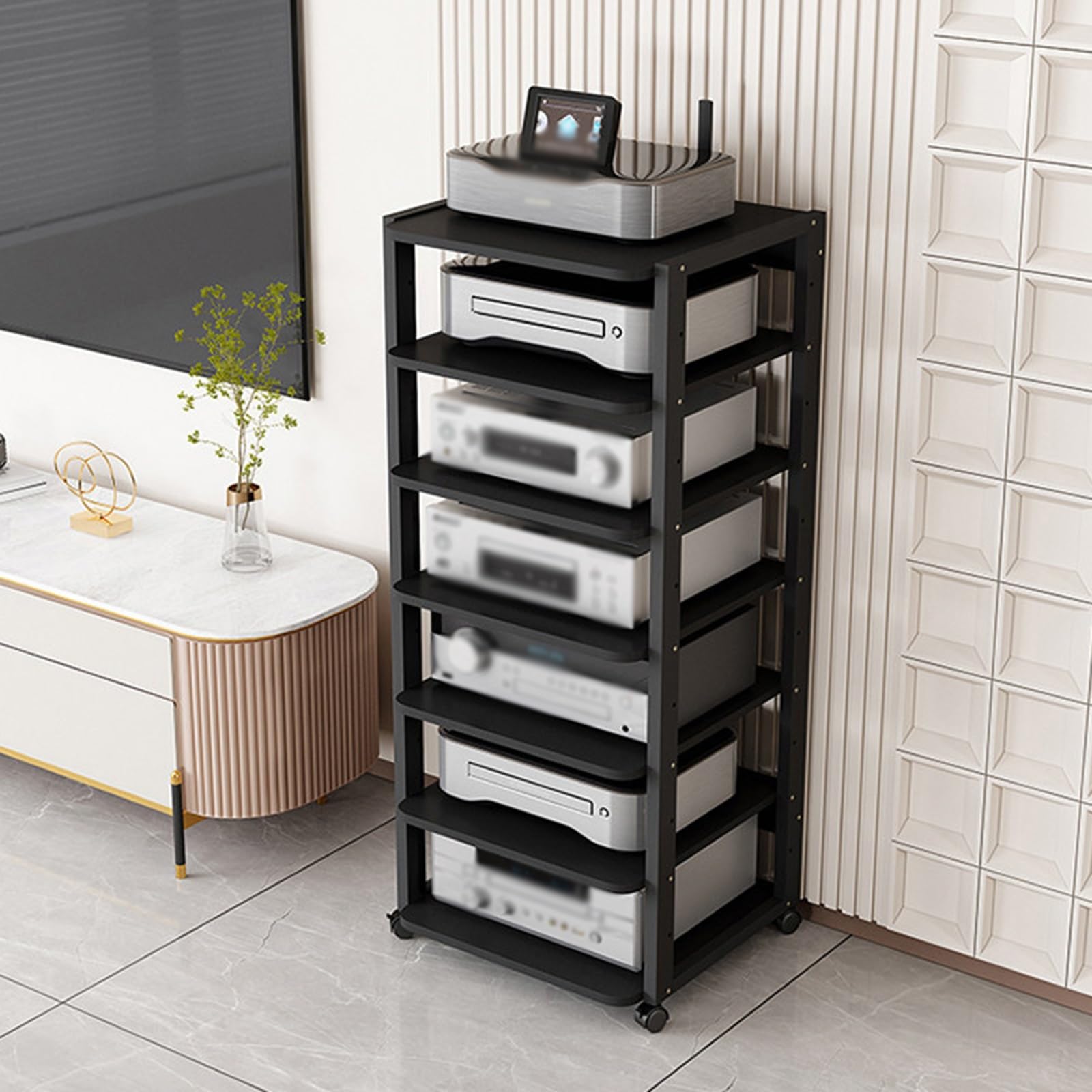 stojak audio hifi Szafka Do Przechowywania Na Kółkach 3/4/5/6/7-poziomowy Stojak Na Sprzęt HiFi Media Czarny Z Regulowaną Półką, Stojak Na Odtwarzacz Do Domu, Stojaki Audio(7 layer)