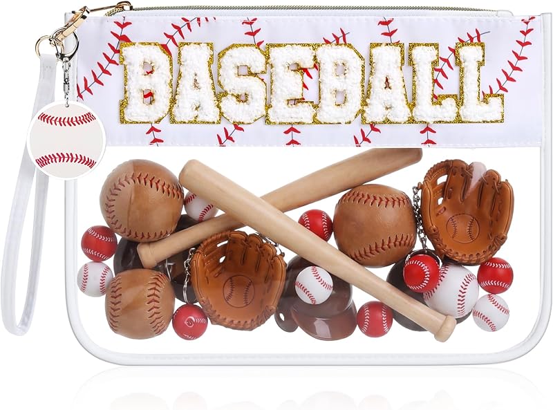 Necessaire Kacctyen de maquiagem com estampa de beisebol, aplique de chenille e corpo transparente, branca