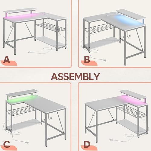Miniatura 7 de Bestier Escritorio para computadora blanco con puerto de carga y regleta LED, escritorio de juegos moderno de 42 pulgadas con estantes de