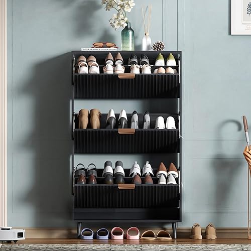 Miniatura 11 de Armario de zapatos, organizador independiente moderno con 2 cajones abatibles, armario estrecho para zapatos, para entrada, color negro Negro