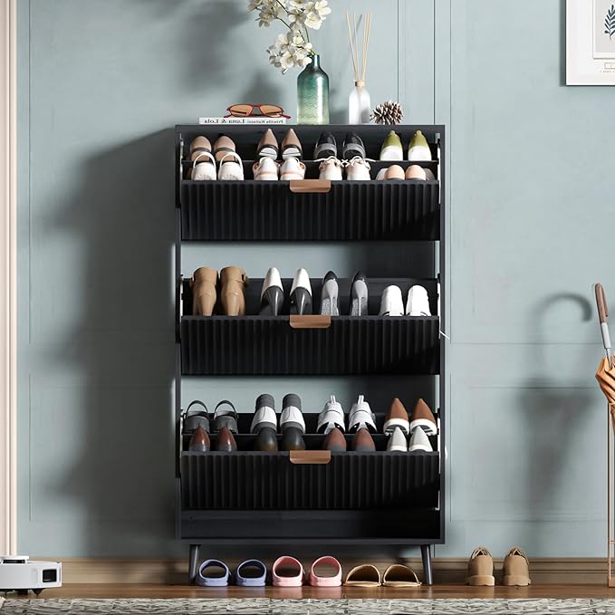 Shoe Cabinet Storage, Modern Freestanding Organizer with 2 Flip Drawers, Narrow Shoe Rack Cabinet for Entryway,Black