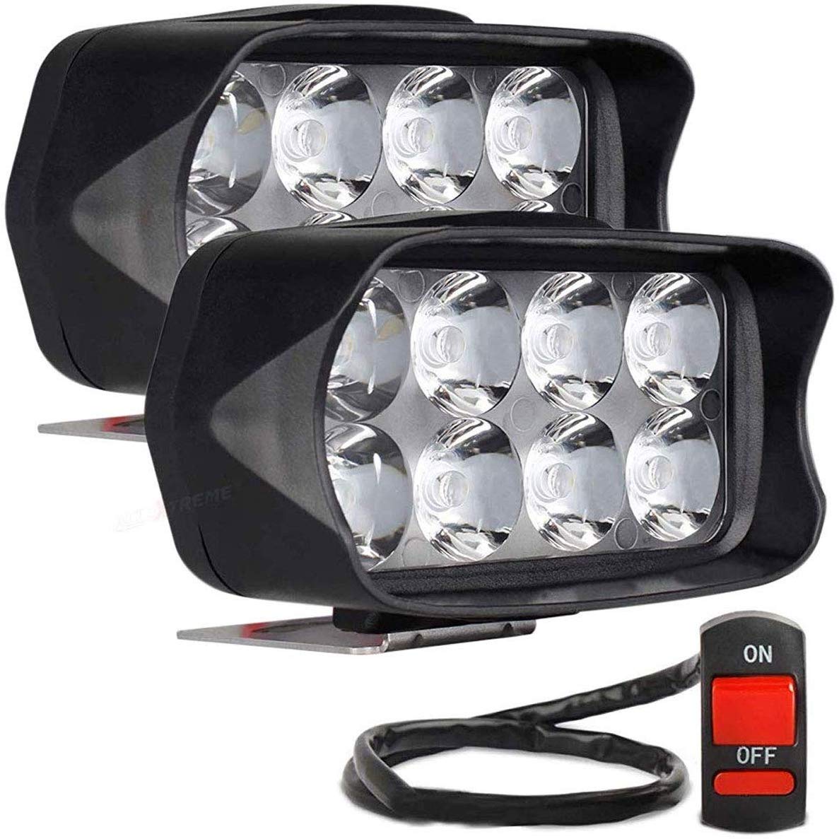 AllExtreme EXL21SS Imported Universal 8 LED Fog Light Off/On Road Driving Work Lamp with Handlebar Switch for Bike Cars and Motorcycle (12W, White Light, 2 PCS)