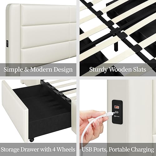 Miniatura 5 de Yaheetech Base de cama tamaño King con 2 estaciones de carga USBpuerto para cajones de almacenamiento tipo A y tipo C4, plataforma tapizada de cuero