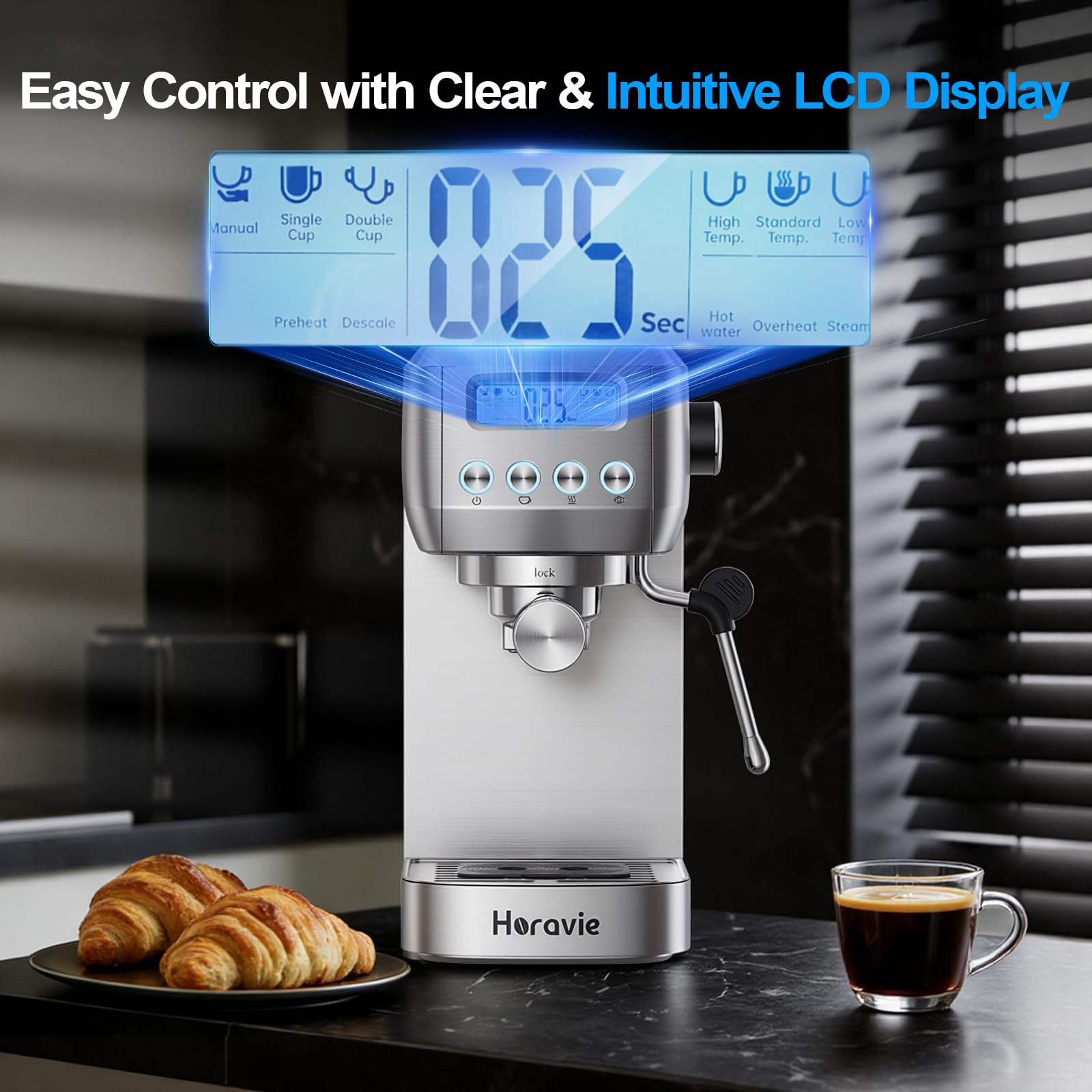 Horavie Espresso Machine 20 Bar, Compact Espresso Maker with Milk Frother, Stainless Steel Cappuccino & Latte Machine with LCD Screen, Adjustable Temperature, 44oz Water Tank for Home, Office — view 3