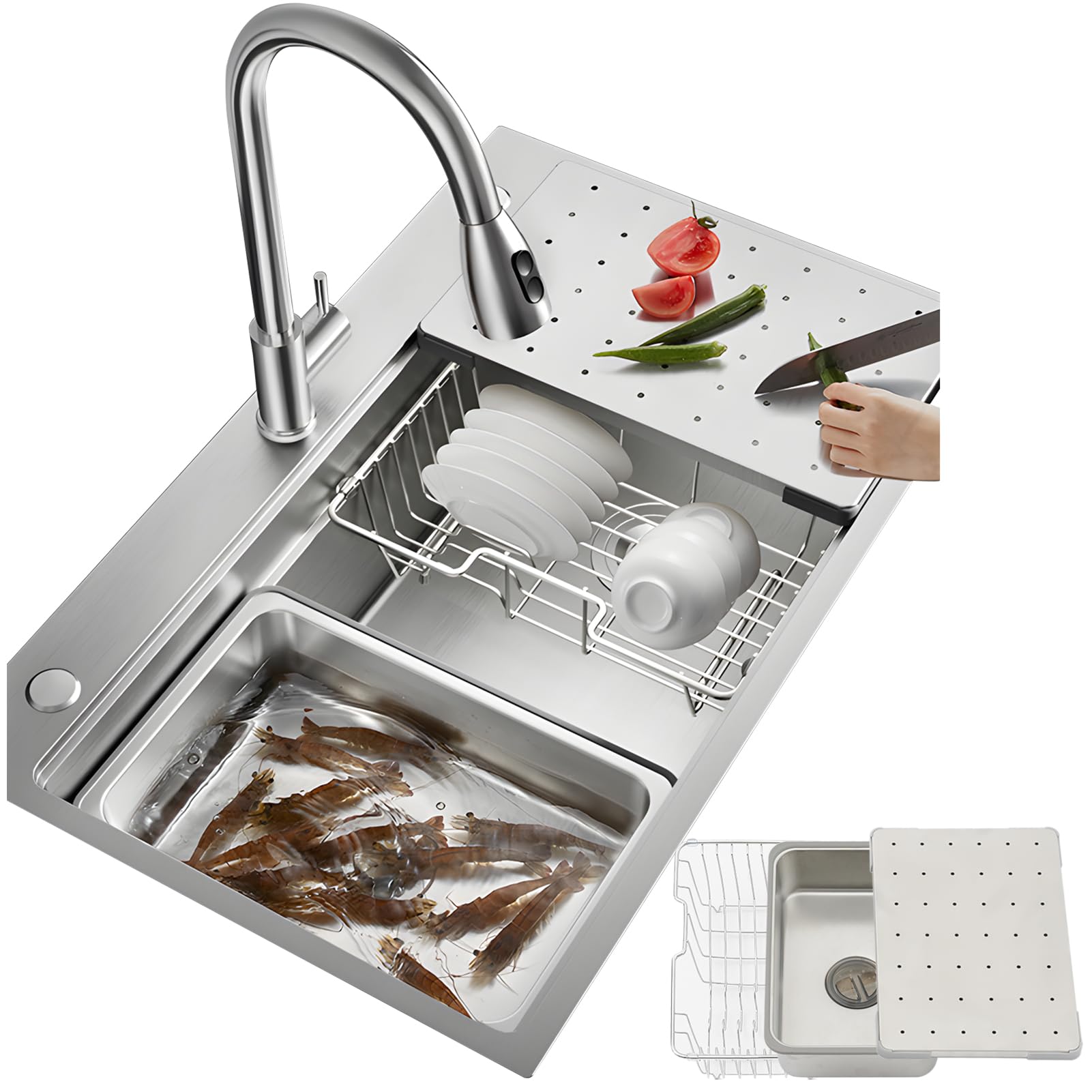 HZKSINNK 304 roestvrijstalen spoelbak, 1 wastafel, inbouwspoelbak, geborstelde keukenspoelbak, grote wastafel, 500 mm diepte, handgemaakt, multifunctionele spoelbak, met sifon, afvoergarnituur (zilver HZKSINNK 304 roestvrijstalen spoelbak, 1 wastafel, inbouwspoelbak, geborstelde keukenspoelbak, grote wastafel, 500 mm diepte, handgemaakt, multifunctionele spoelbak, met sifon, afvoergarnituur (zilver