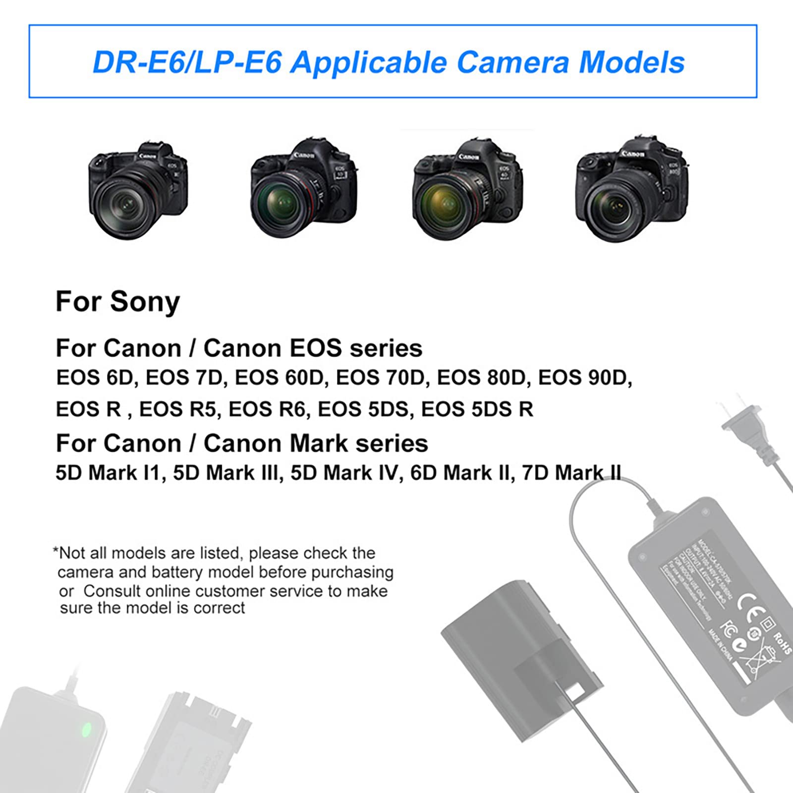 ACK-E6 AC Power Adapter DR-E6 DC Coupler LP-E6 LP-E6N Dummy Akku für Canon EOS R R5 R6 R7,80D 70D 60D 90D,5D Mark II III IV,6D 7D,6D Mark II,7D Mark II,60Da 5Ds 5Ds R Cameras.